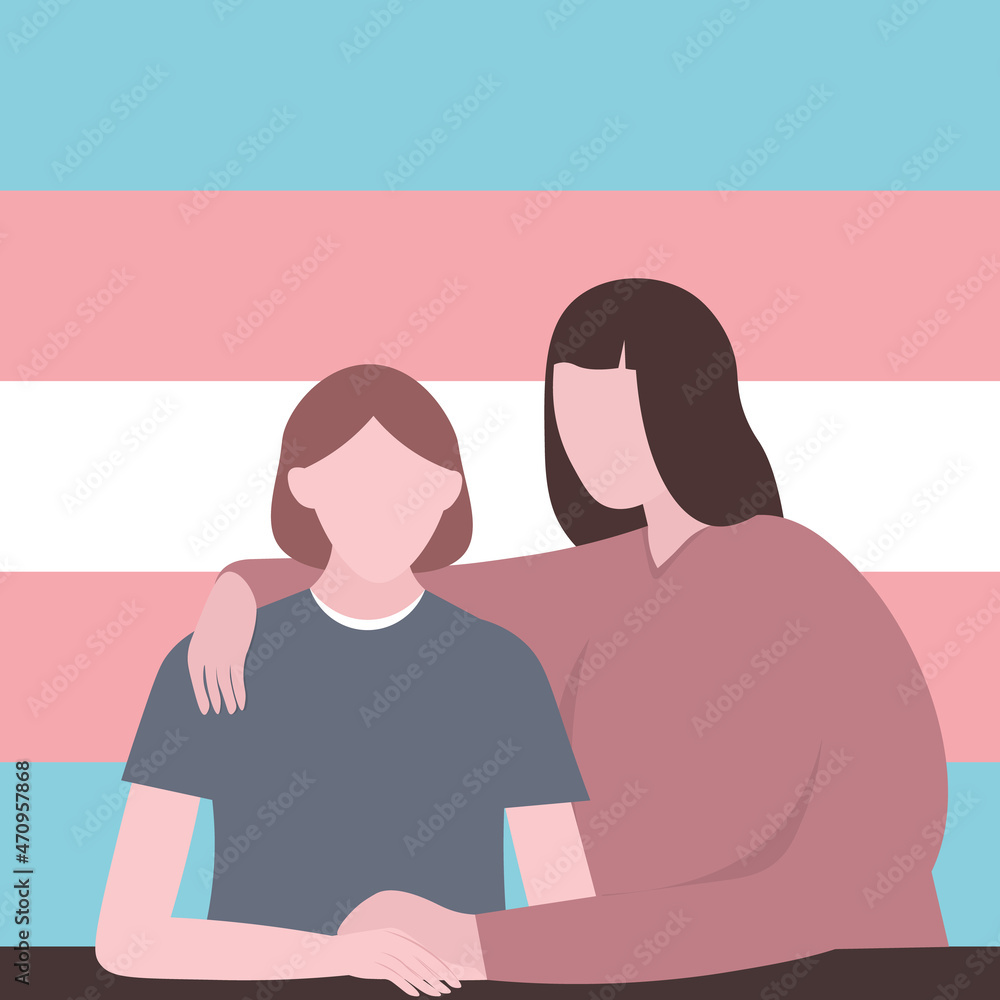 Teen does coming out as a non-binary transgender person. A mother supports her child in the decision to change gender. Vector flat illustration Teen does coming out as a non-binary transgender person. A mother supports her child in the decision to change gender. Vector flat illustration
