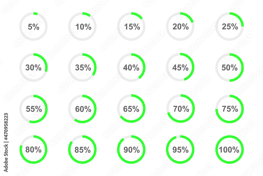 Round loading bars with percentage numbers divided on segments from 1 ...