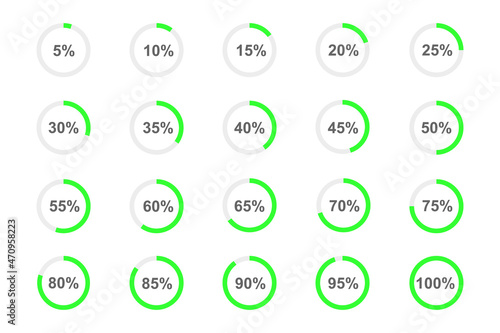 Round loading bars with percentage numbers divided on segments from 1 to 20. Progress, waiting or download symbols set. Infographic animation elements for website interface. Vector flat illustration.