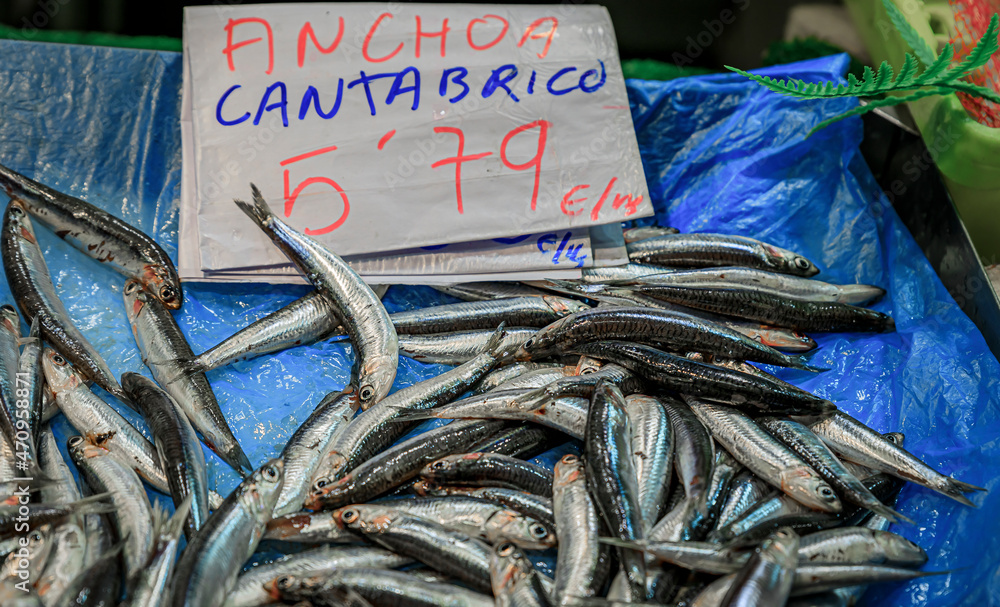Freshly caught raw anchovies at a fishmonger market stall in Pamplona, Spain