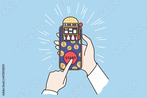 Online betting and gambling concept. Human hands holding smartphone with bets and start button on screen over blue background vector illustration 