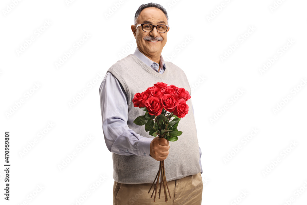 Smiling mature man holding a bunch of red roses Smiling mature man holding a bunch of red roses