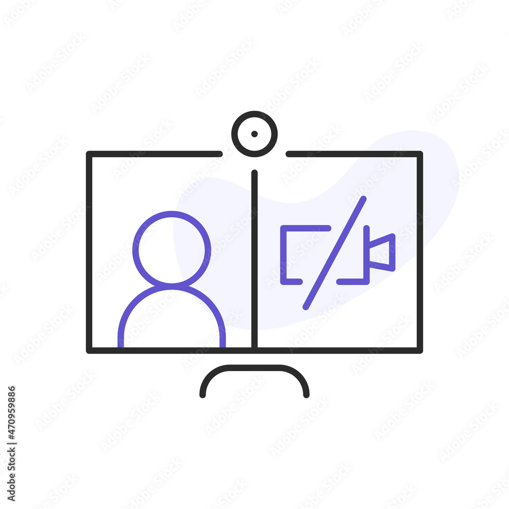 No video line icon. Computer with human and crossed out camera. Video conference and online meeting concept. Distance work and learning. Vector illustration. Laptop, computer, chatting, conferencing No video line icon. Computer with human and crossed out camera. Video conference and online meeting concept. Distance work and learning. Vector illustration. Laptop, computer, chatting, conferencing