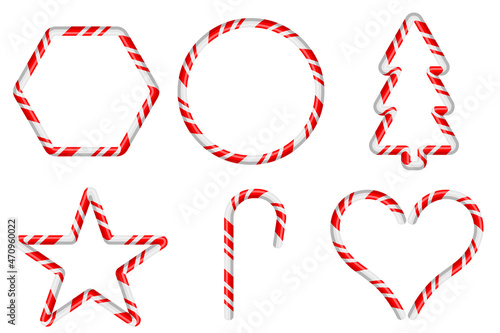 Various Christmas decorations and frames with candy cane patterns isolated on white background. Flat design vector illustration