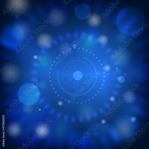 Blue quantum dot circle Background with bokeh flowing around the circle