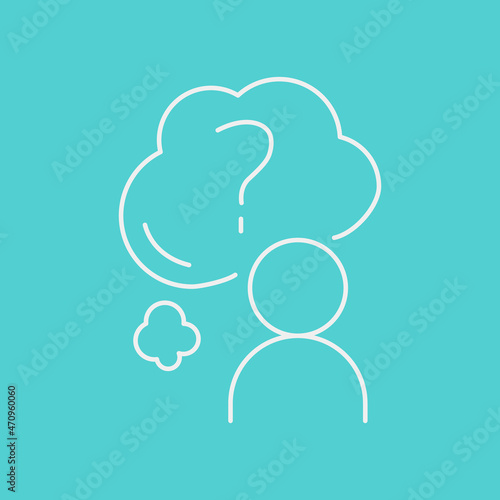 Self knowing line icon concept. Human with cloud with quetion mark outline stroke element. Psychologist counseling. Psychotherapy, depression. Editable stroke vector illustration