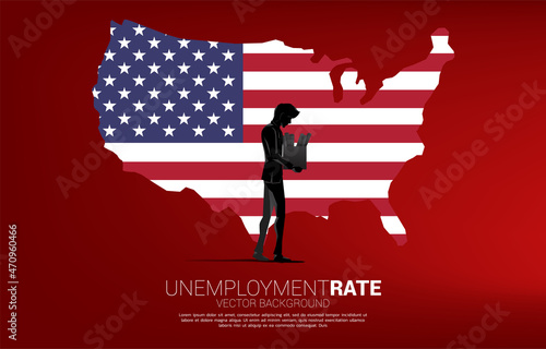 Unemployment man walk away with United states of America Map and flag. business concept for jobless rate in america.