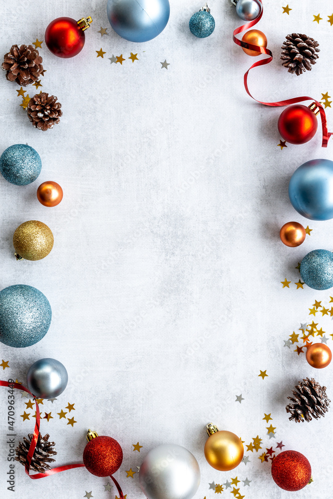 Christmas and New Year decoration background balls and toys. Flat lay. Empty space for text Christmas and New Year decoration background balls and toys. Flat lay. Empty space for text