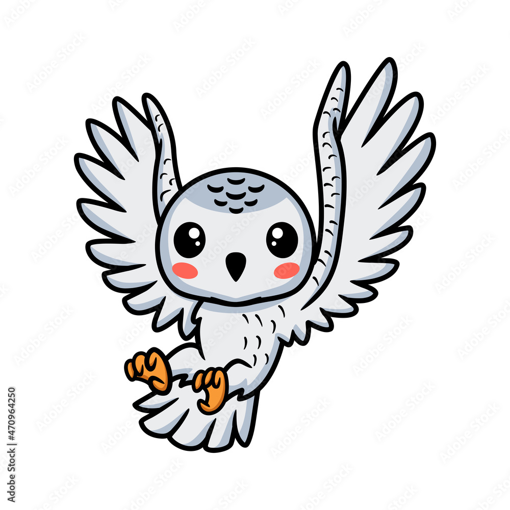 Fototapeta premium Cute little white polar owl cartoon flying