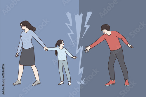 Divorce and difficult choice concept. Woman mother holding her daughter hand and going away with her while her father reaching for her from another side vector illustration 