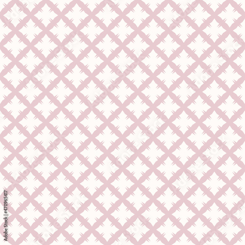 Floral geometric seamless pattern. Vector abstract pink and white ornamental texture with flower silhouettes, crosses, net, grid, lattice. Simple minimal floral ornament. Delicate repeat background