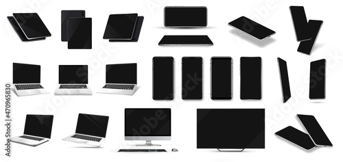 Disabled gadgets with a black blank screen and glare on the screen. Smartphone, monoblock, laptop, tablet, PC, mobile phone in 3D realistic style. Mockups devices isometric, perspective. Vector set
