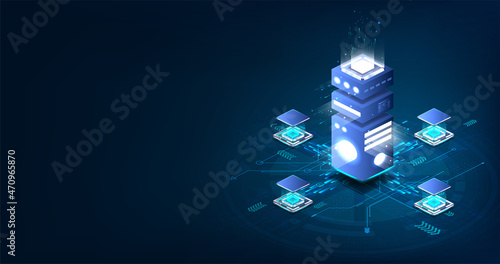Blue banner Big data processing by the latest computer in isometric view. Big data, server room, cloud database concept. High performance remote server. AI and Blockchain in cloud service. Vector