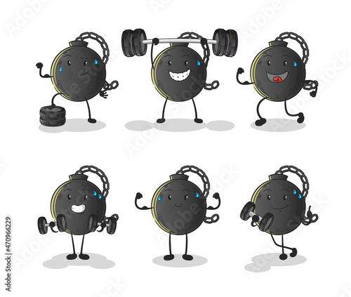 prison ball exercise set character. cartoon mascot vector