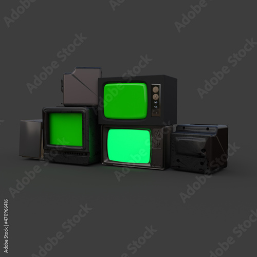 3d illustration of an old stacked television with a green screen