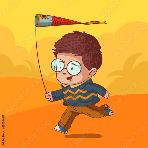 Joyfull little boy flying his new kite. Cute vector illustration of enthusiastic boy in spectacles running towards the wind catching the air with his new flying net toy. Child character, hipster kid