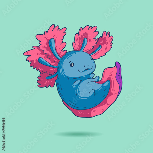 Lovely vector illustration of cheerful tiny axolotl. Cute floating blue and pink axolotl with kind look and nice smile. Nature protection mascot. Square zoo or oceanarium wall art, poster