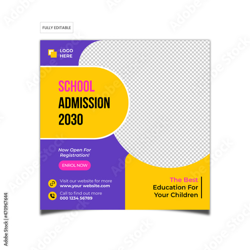 School admission social media post template. Junior and senior high school promotion banner