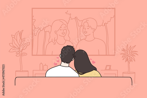 Leisure and recreation for couple concept. Young loving couple sitting backwards and watching romantic movie together at home vector illustration 
