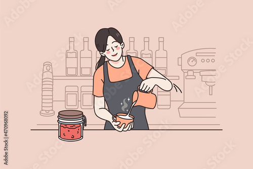 Working as barista in coffeeshop concept. Young woman barista making cappuccino or latte with milk for client during work feeling positive vector illustration 