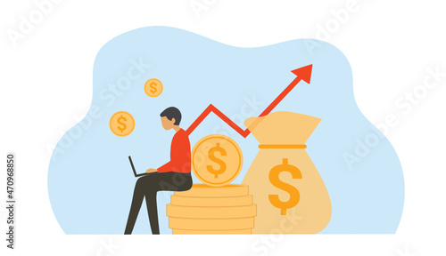 Online business earning, man making money and profit from online working vector illustration
