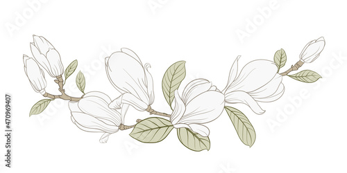 Black silhouette of a garland of magnolia flowers. Vector illustration on white background.