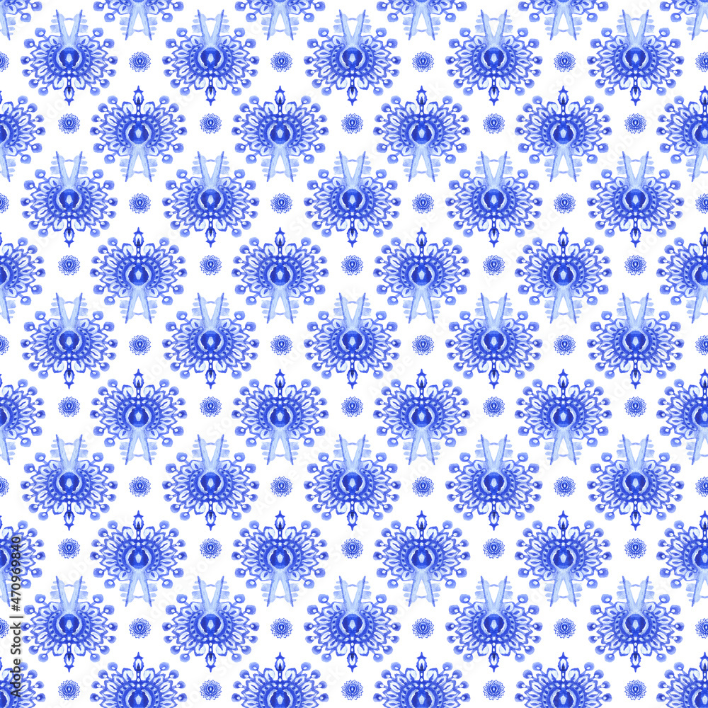 Watercolor blue patterns in Gzhel style geometric seamless pattern 01