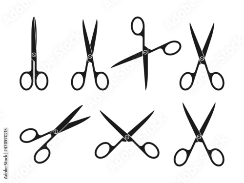 Scissor black glyph icon set. Silhouette Needlework shear or school. Different template open scissors or closed. Stationary for office. Simple cutting tools. Isolated on white vector illustration