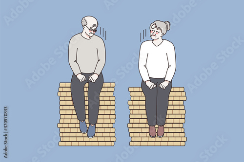 Misunderstanding and conflict in old couple concept. Elderly mature couple man and woman sitting on opposite stacks feeling lonely and sad vector illustration 