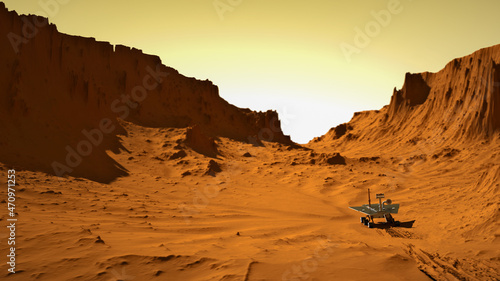 Rover Exploring A Valley On Mars