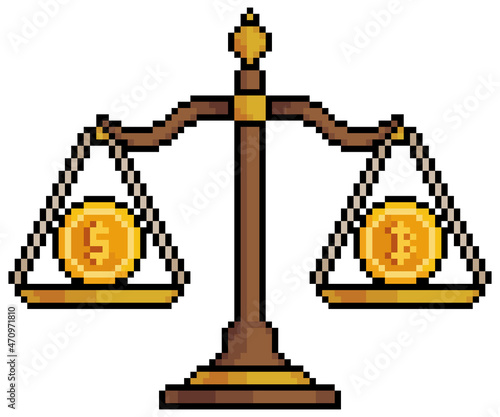 Pixel art scales with bitcoin and dollar. Investment in cryptocurrencies vector icon for 8bit game on white background
