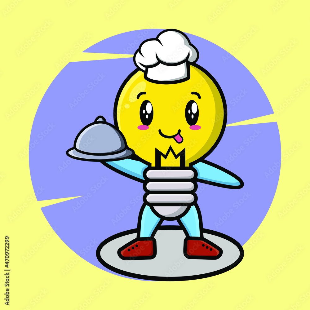 Lamp chef mascot character serving food on tray cute style design for t-shirt, sticker, logo element Lamp chef mascot character serving food on tray cute style design for t-shirt, sticker, logo element