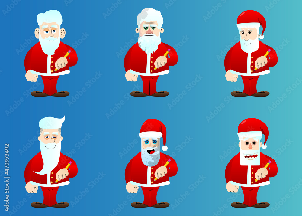 Santa Claus in his red clothes with white beard writing with pencil. Vector cartoon character illustration.