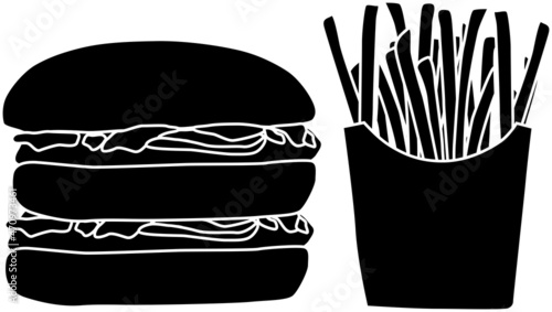 ダブルハンバーガーとポテトのシルエット素材