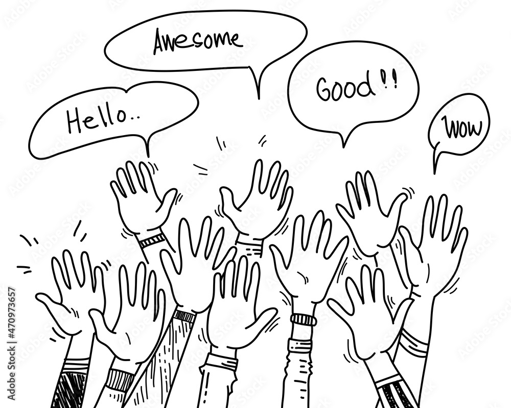 Fototapeta premium hand drawn of hands up, clapping ovation. hands gesture on doodle style. vector illustration
