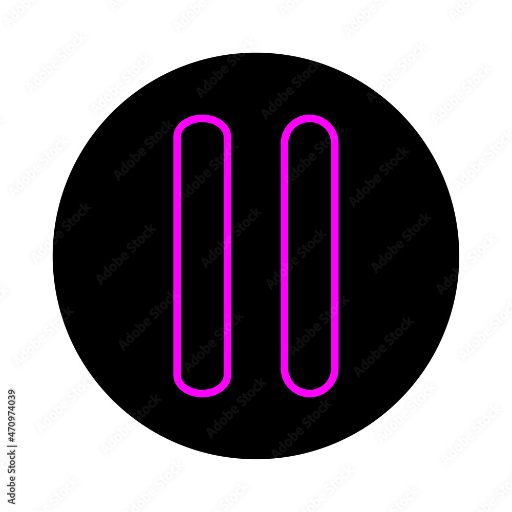 Pause icon. Pink sign in black circle. Multimedia background. Mobile app element. Vector illustration. Stock image. Pause icon. Pink sign in black circle. Multimedia background. Mobile app element. Vector illustration. Stock image.