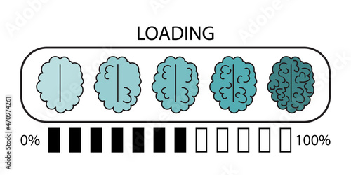 Brain loading icon. Creative blue art. Percent symbols. Knowledge sign. Cartoon design. Vector illustration. Stock image.