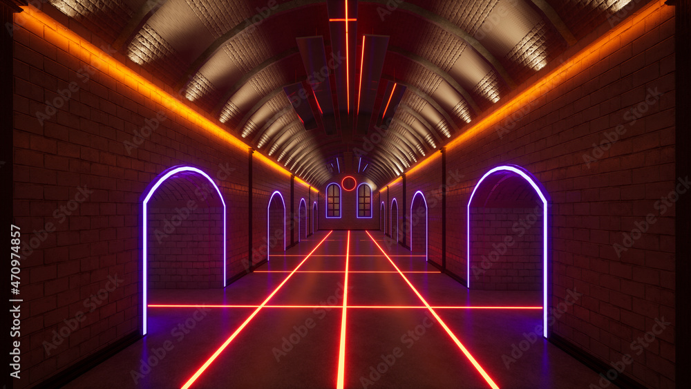 3d render of a tunnel with colorful neon light. 3d abstract background