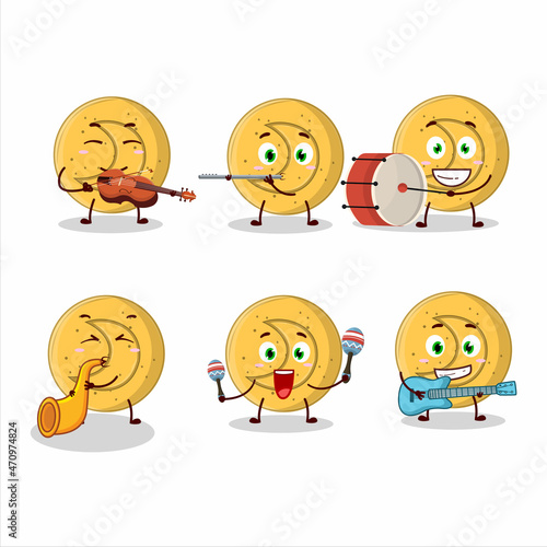 Cartoon character of dalgona candy moon playing some musical instruments
