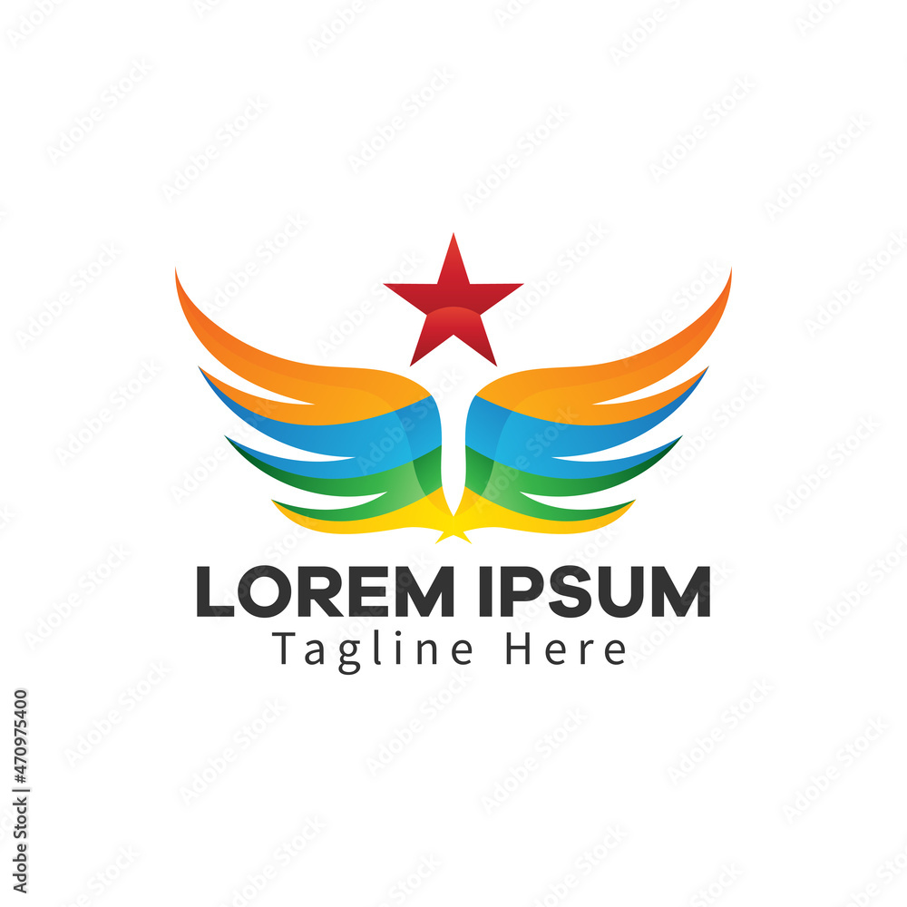 Colorful wings logo with a star. Abstract design template Wings Logo. Wings icon. The modern wings logo is fits to the flying or freedom concept. Colorful wings logo with a star. Abstract design template Wings Logo. Wings icon. The modern wings logo is fits to the flying or freedom concept.