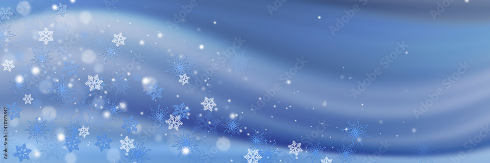 Beautiful white snowflakes and bokeh on a blue background. Panoramic Christmas background with copy-space. Beautiful white snowflakes and bokeh on a blue background. Panoramic Christmas background with copy-space.