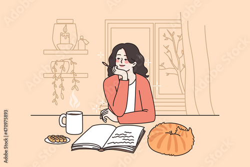 Writing notes and story concept. Young smiling woman write sitting at home with cat and hot drink and writing story with pen vector illustration 