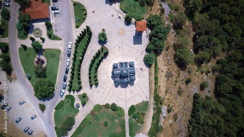 Drone view directly above Hercegovacka Gracanica orthodox monastery on top of hill in Trebinje, Bosnia and Herzegovina photo