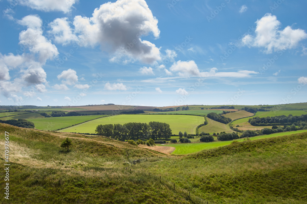 Rural landscape with green fields and blue skies