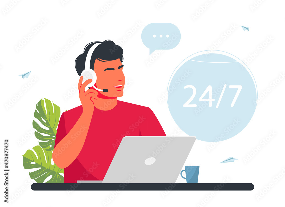 Operator call center. Customer service. Man with headphones, microphone with a laptop. Concept vector illustration for support. hotline operators consult customers with headsets on computers Operator call center. Customer service. Man with headphones, microphone with a laptop. Concept vector illustration for support. hotline operators consult customers with headsets on computers