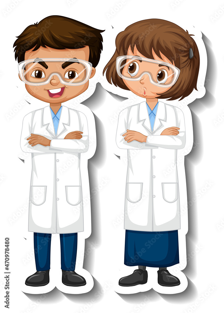 Scientist couple kids cartoon character sticker Scientist couple kids cartoon character sticker