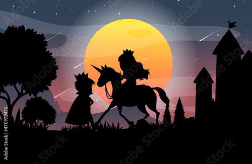 Halloween night background with prince and princess silhouette