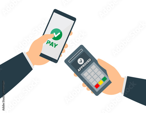 businessman using smartphone app contactless payment pos terminal vector illustration 