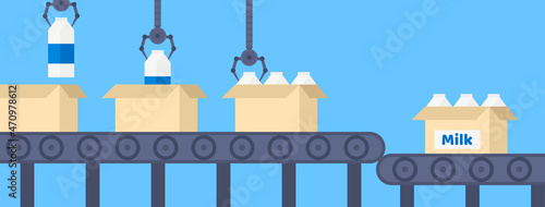 milk production conveyor automatic line robotic arms packaging boxes vector illustration
