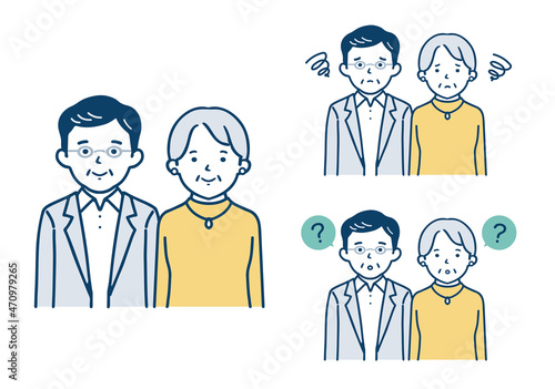 シニア夫婦／笑顔と困った顔の表情セット